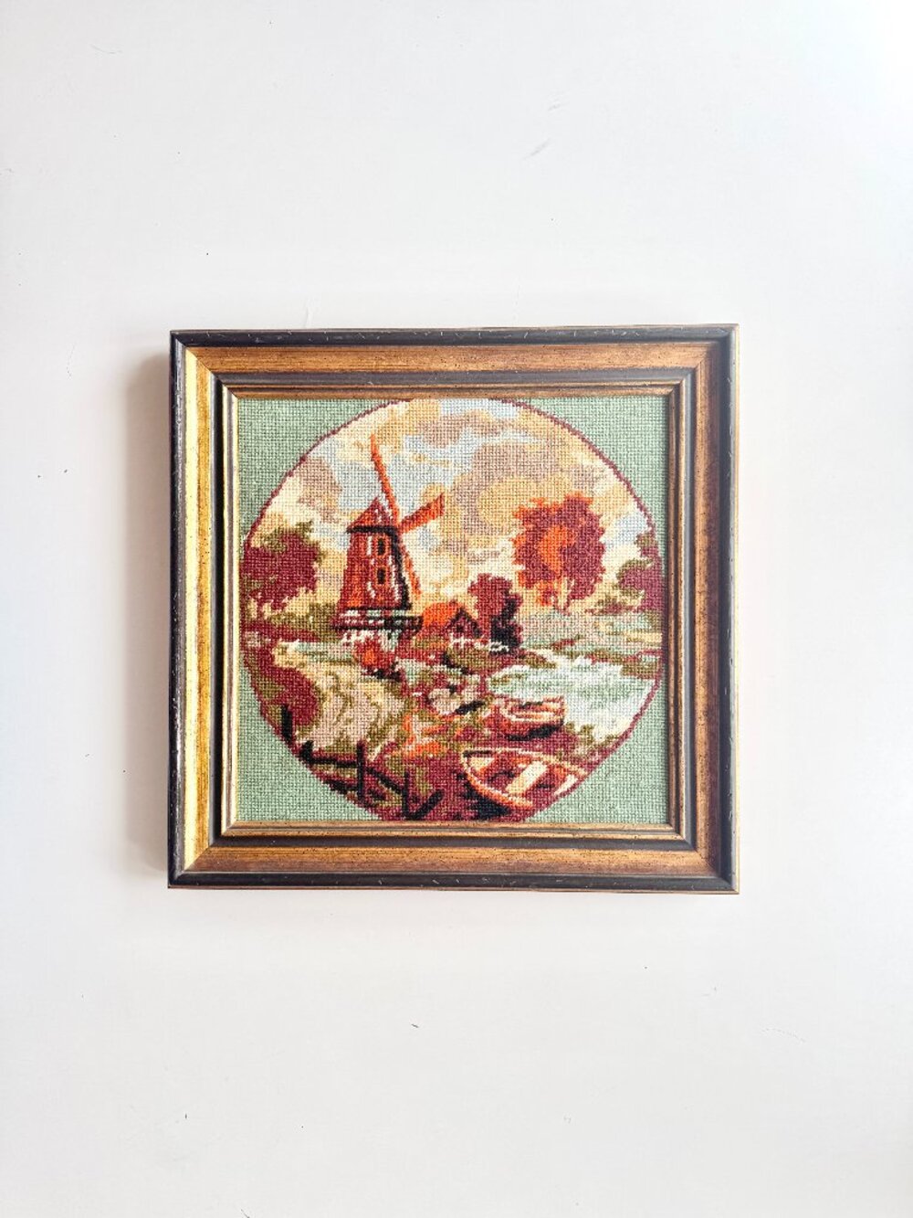 Vintage 70's Windmill Scene Wood 15" x 15" Framed Wall Art Artwork